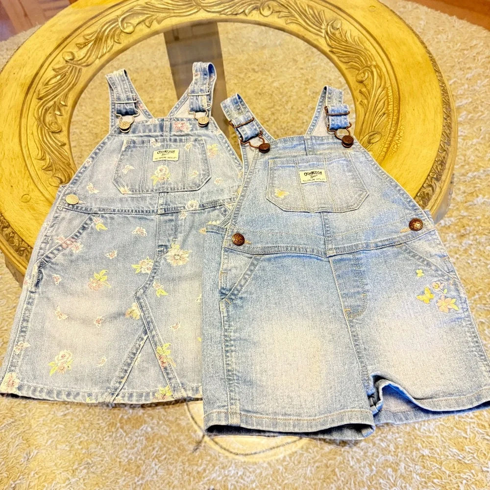 OshKosh B'gosh Overalls Vestbak Flowers Girls Sz 3T Lot of 2 Dress and Shorts